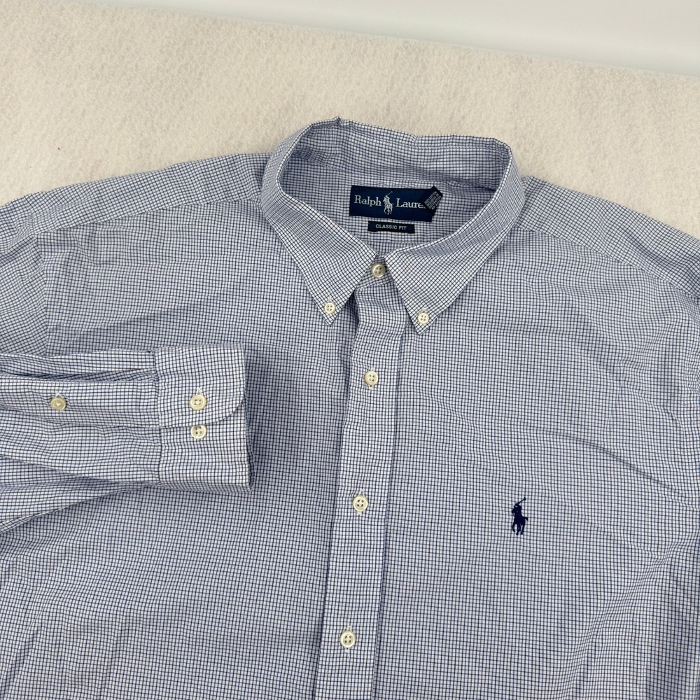 Ralph Lauren Mens Classic Fit Long Sleeve Dress Shirt 18-34/35 Blue Check Preppy